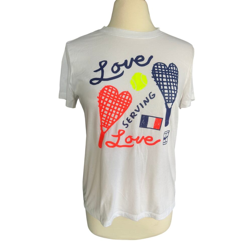 Nike White Tennis Graphic Tee with Navy, Neon Yellow, and Coral Accents